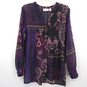 Chico's semi-sheer chiffon print button up top Size 1 (M) long sleeve V-neck